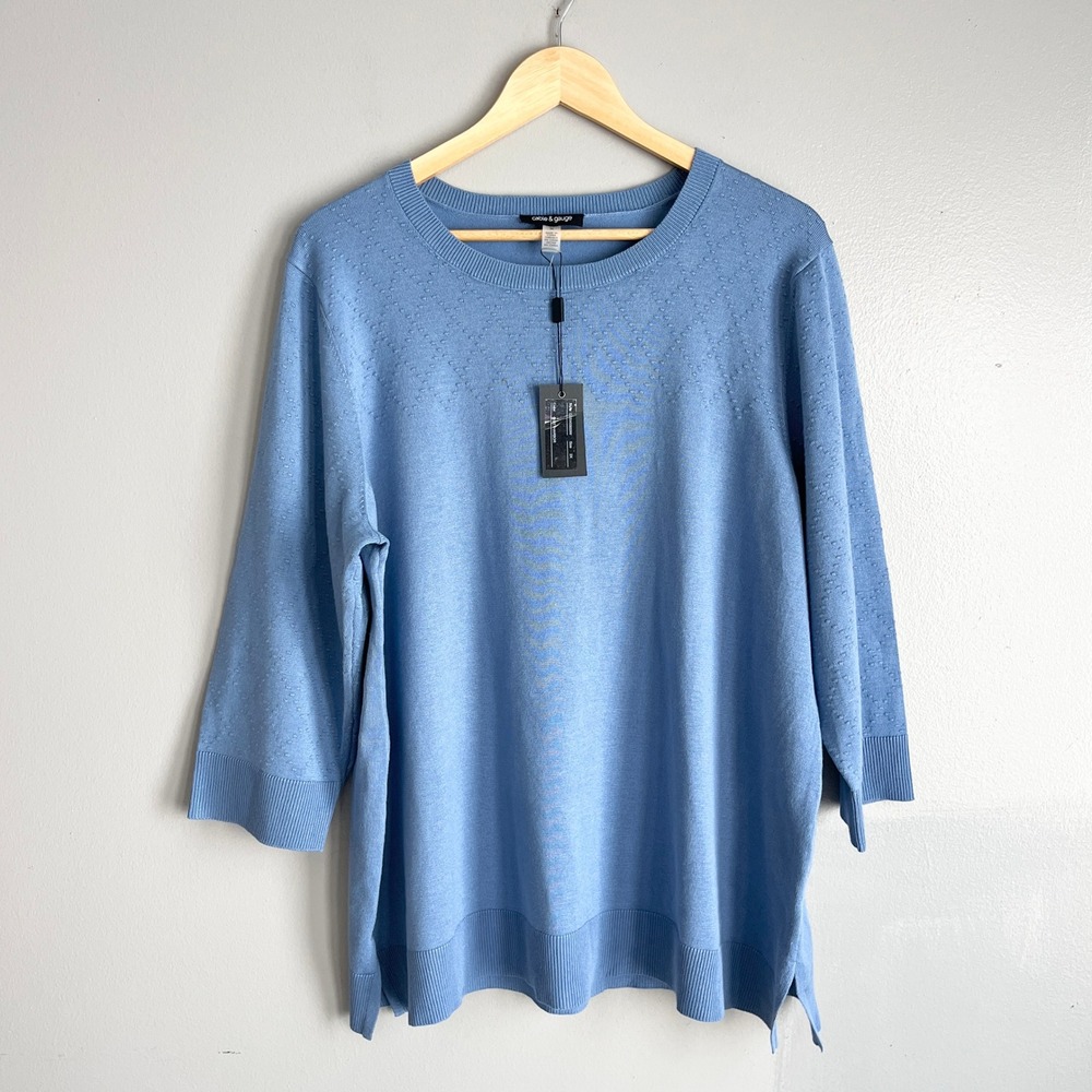 Cable & Gauge Sweater Womens 2X Blue 3/4 Sleeve Pointelle Knit Casual NWT